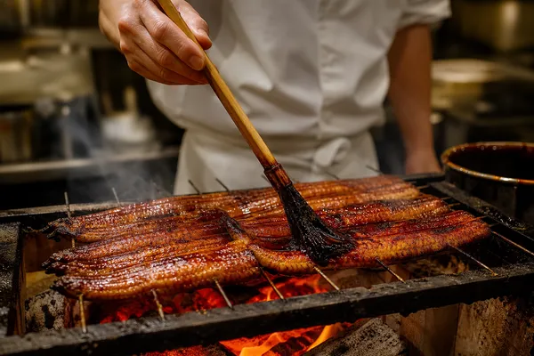 うなぎの焼き工程と炭の配置