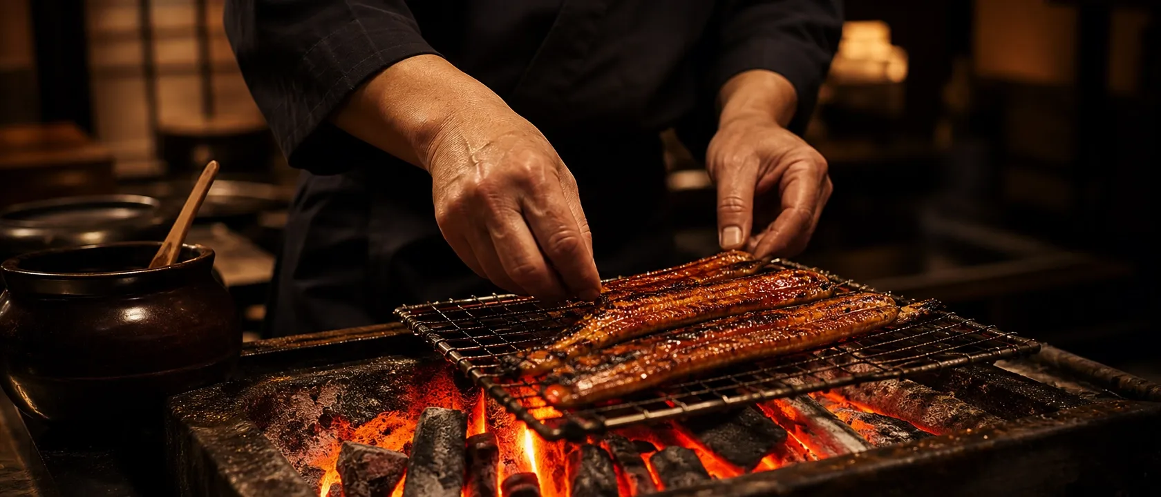 うなぎ屋の炭火焼き厨房